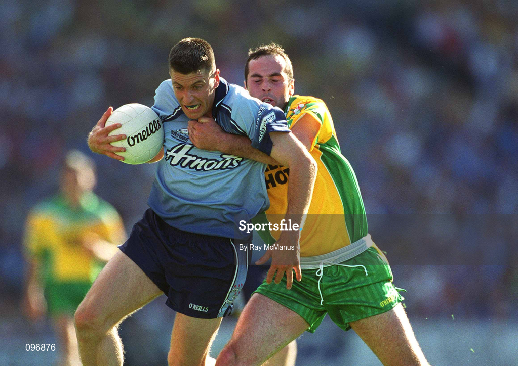 17 August 2002; Senan Connell of Dublin is tackled by Damien Diver of Donegal during the Bank of Ireland All-Ireland Senior Football Championship Quarter-Final Replay match between Dublin and Donegal at Croke Park in Dublin. Photo by Ray McManus/Sportsfile