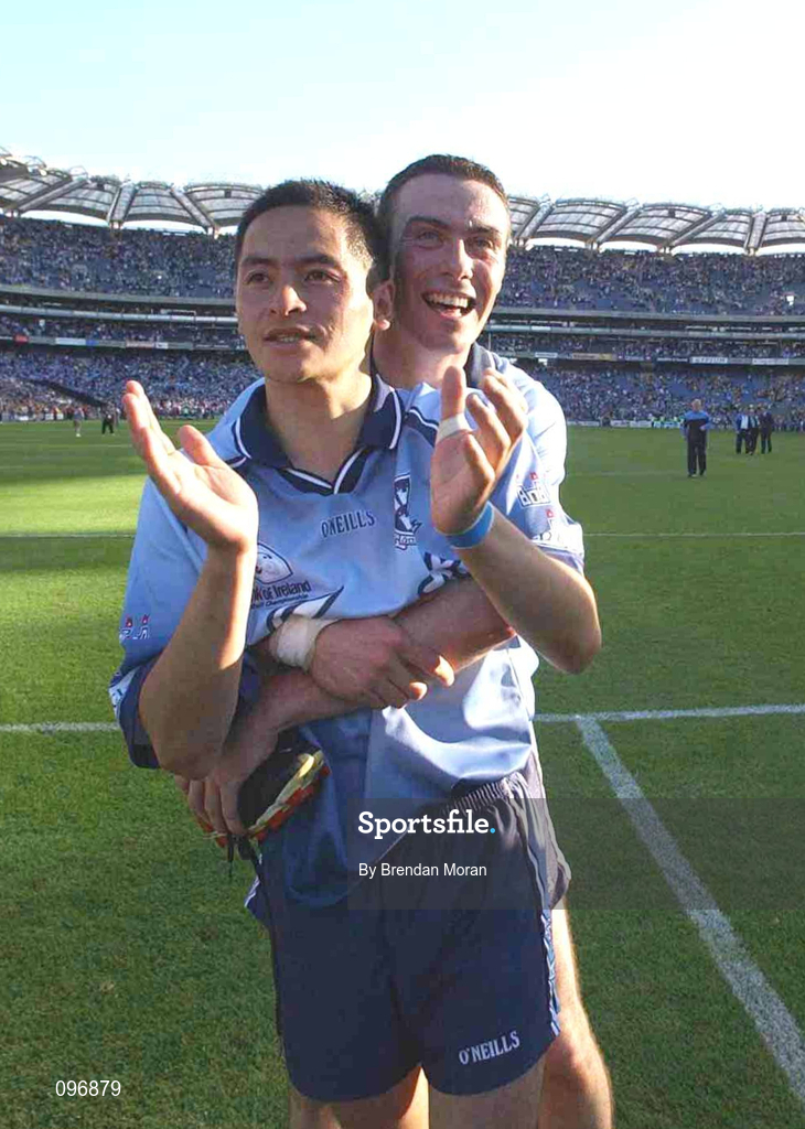 17 August 2002, Dublin players Jason Sherlock, front, and Ray Cosgrove celebrate after the Bank of Ireland All-Ireland Senior Football Championship Quarter-Final Replay match between Dublin and Donegal at Croke Park in Dublin. Photo by Brendan Moran/Sportsfile