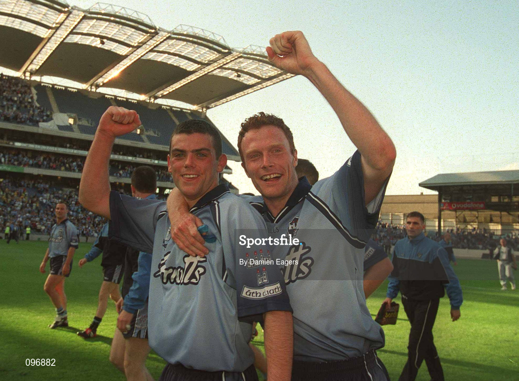 17 August 2002; Dublin players Paul Casey, left, and Peadar Andrews celebrate after the Bank of Ireland All-Ireland Senior Football Championship Quarter-Final Replay match between Dublin and Donegal at Croke Park in Dublin. Photo by Damien Eagers/Sportsfile
