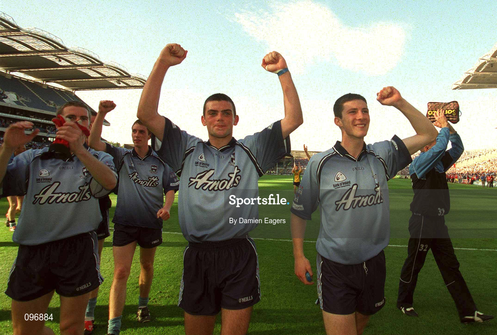17 August 2002; Dublin players, from left, Eoin Bennis, Paul Casey and Colin Moran celebrate after the Bank of Ireland All-Ireland Senior Football Championship Quarter-Final Replay match between Dublin and Donegal at Croke Park in Dublin. Photo by Damien Eagers/Sportsfile