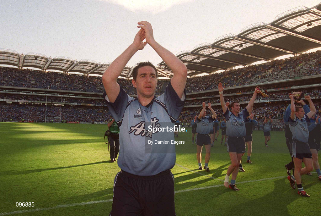 17 August 2002; Jonathan Magee of Dublin celebrates in front of Hill 16 after the Bank of Ireland All-Ireland Senior Football Championship Quarter-Final Replay match between Dublin and Donegal at Croke Park in Dublin. Photo by Damien Eagers/Sportsfile