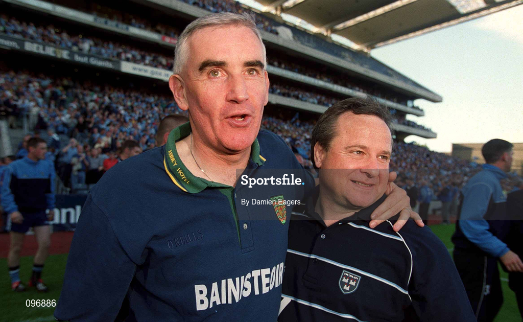 17 August 2002; Dublin manager Tommy Lyons is congratulated by Donegal manager Mickey Moran after the Bank of Ireland All-Ireland Senior Football Championship Quarter-Final Replay match between Dublin and Donegal at Croke Park in Dublin. Photo by Damien Eagers/Sportsfile
