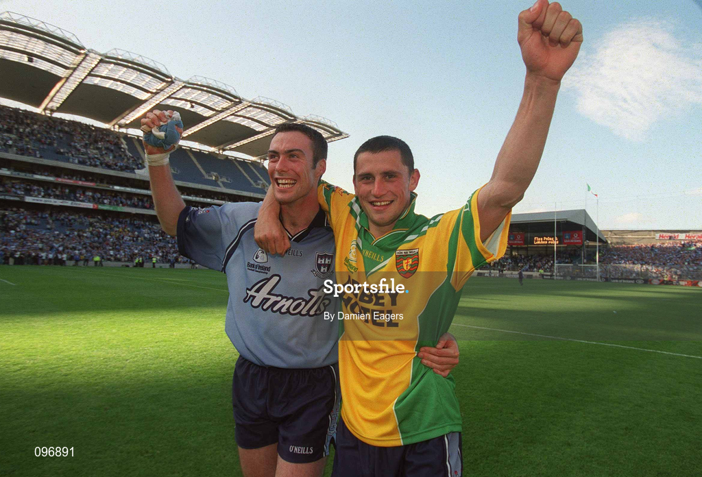 17 August 2002; Dublin players Ray Cosgrove, left, and Alan Brogan celebrate after the Bank of Ireland All-Ireland Senior Football Championship Quarter-Final Replay match between Dublin and Donegal at Croke Park in Dublin. Photo by Damien Eagers/Sportsfile