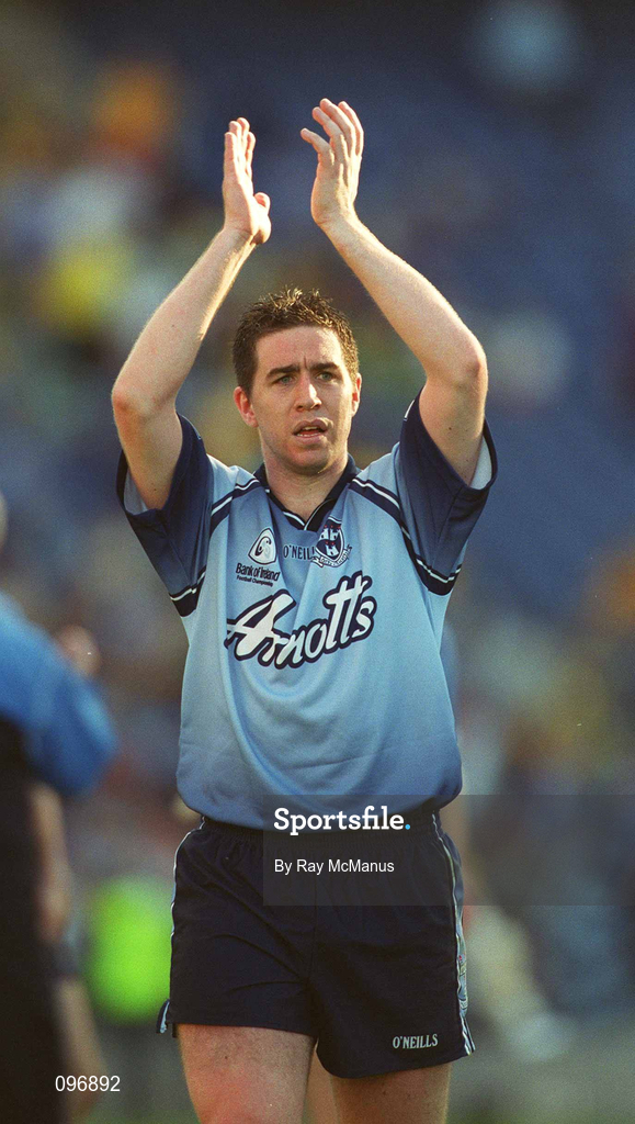 17 August 2002; Jonathan Magee of Dublin applauds supporters on Hill 16 after the Bank of Ireland All-Ireland Senior Football Championship Quarter-Final Replay match between Dublin and Donegal at Croke Park in Dublin. Photo by Ray McManus/Sportsfile