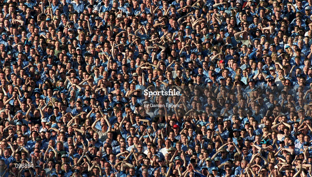 17 August 2002; Dublin supporters cheer on their team from Hill 16 during the Bank of Ireland All-Ireland Senior Football Championship Quarter-Final Replay match between Dublin and Donegal at Croke Park in Dublin. Photo by Damien Eagers/Sportsfile