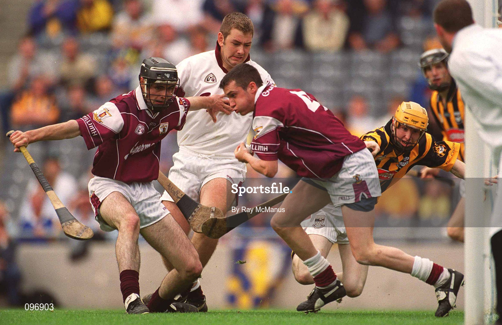 18 August 2002; James Farrell of Galway gets possession in his own goal mouth under pressure from James Fitzpatrick of Kilkenny during the All-Ireland Minor Hurling Championship Semi-Final match between Kilkenny and Galway at Croke Park in Dublin. Photo by Ray McManus/Sportsfile