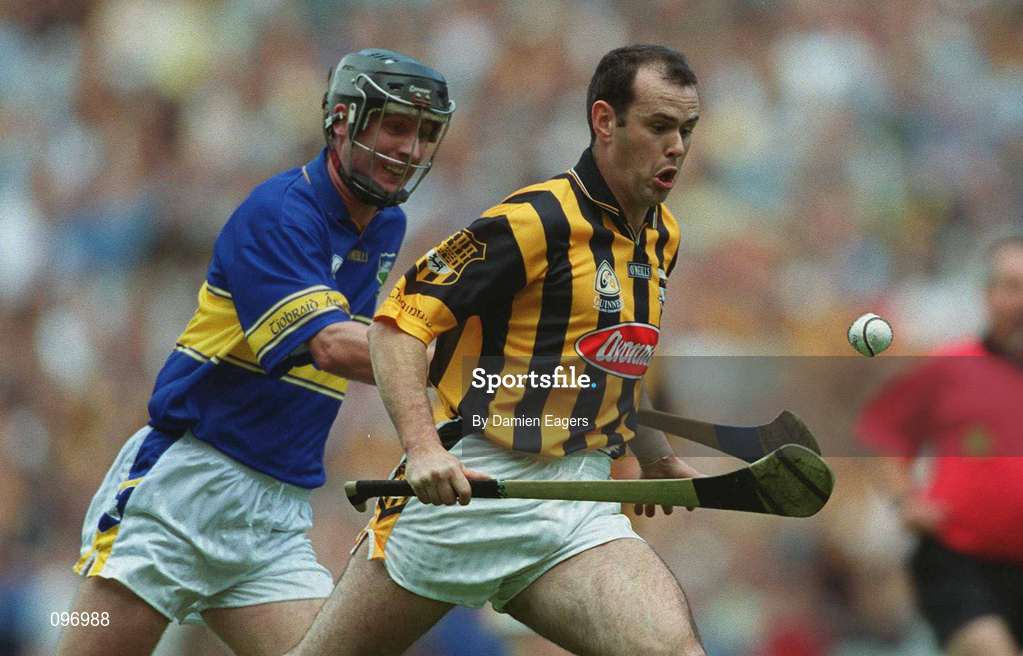 18 August 2002; Brian McEvoy of Kilkenny in action against Eddie Enright of Tipperary during the Guinness All-Ireland Senior Hurling Championship Semi-Final match between Kilkenny and Tipperary at Croke Park in Dublin. Photo by Damien Eagers/Sportsfile