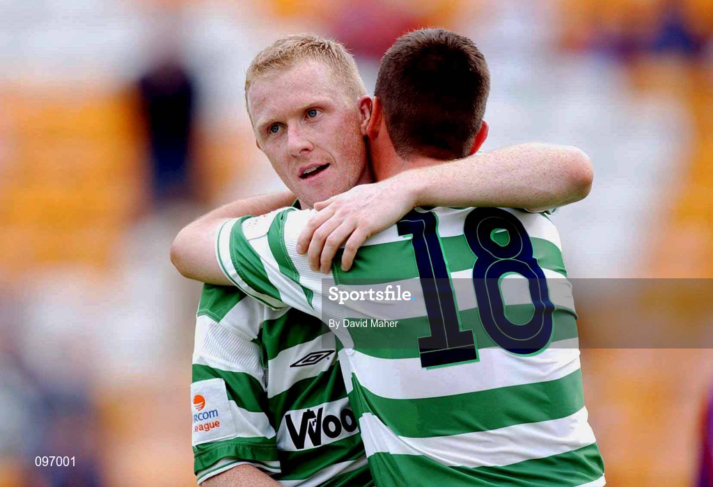 18 August 2002; Sean Francis of Shamrock Rovers, left, celebrates with team-mate Marc Kenny after scoring his side's second goal during the FAI Carlsberg Cup Third Round match between Shamrock Rovers and Cobh Ramblers at Tolka Park in Dublin. Photo by David Maher/Sportsfile
