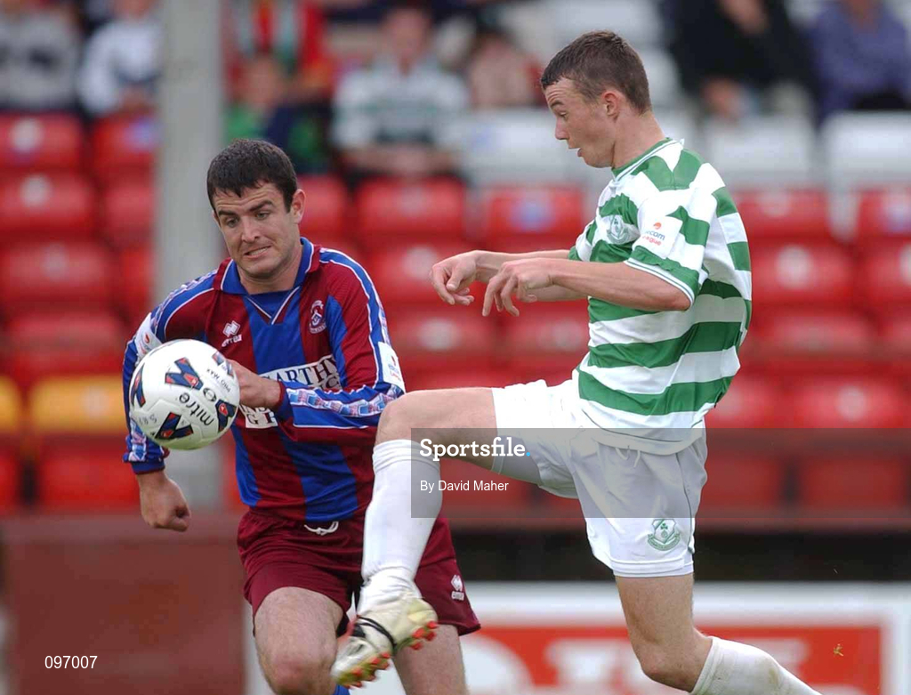 18 August 2002; Noel Hunt of Shamrock Rovers in action against Michael Brosnan of Cobh Ramblers during the FAI Carlsberg Cup Third Round match between Shamrock Rovers and Cobh Ramblers at Tolka Park in Dublin. Photo by David Maher/Sportsfile