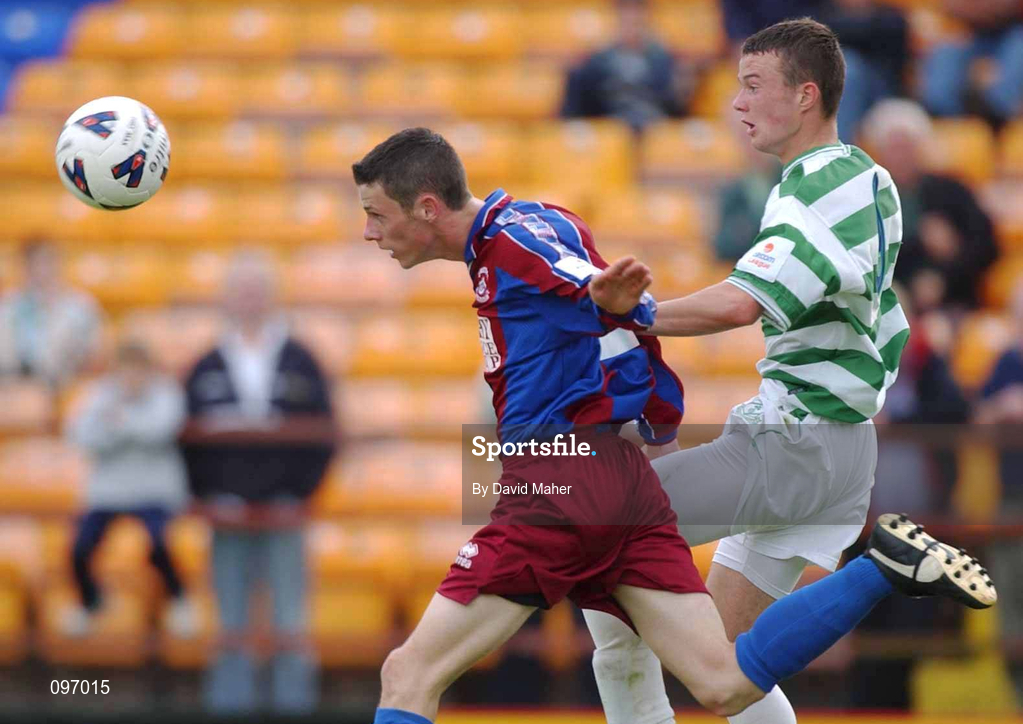 18 August 2002; Noel Hunt of Shamrock Rovers in action against Michael Hastings of Cobh Ramblers during the FAI Carlsberg Cup Third Round match between Shamrock Rovers and Cobh Ramblers at Tolka Park in Dublin. Photo by David Maher/Sportsfile
