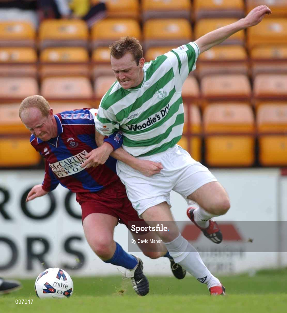 18 August 2002; Pat Deans of Shamrock Rovers in action against Dave Hill of Cobh Ramblers during the FAI Carlsberg Cup Third Round match between Shamrock Rovers and Cobh Ramblers at Tolka Park in Dublin. Photo by David Maher/Sportsfile