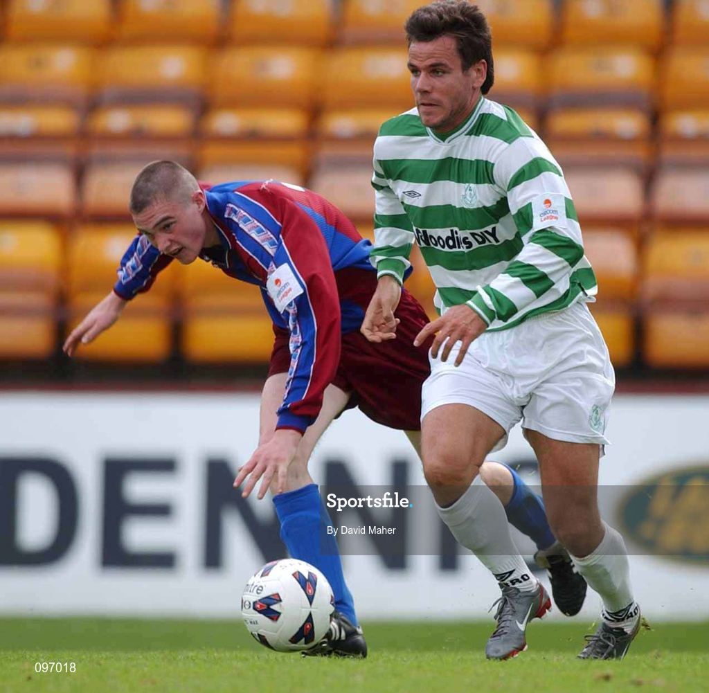 18 August 2002; Stephen Grant of Shamrock Rovers in action against Darren Murphy of Cobh Ramblers during the FAI Carlsberg Cup Third Round match between Shamrock Rovers and Cobh Ramblers at Tolka Park in Dublin. Photo by David Maher/Sportsfile