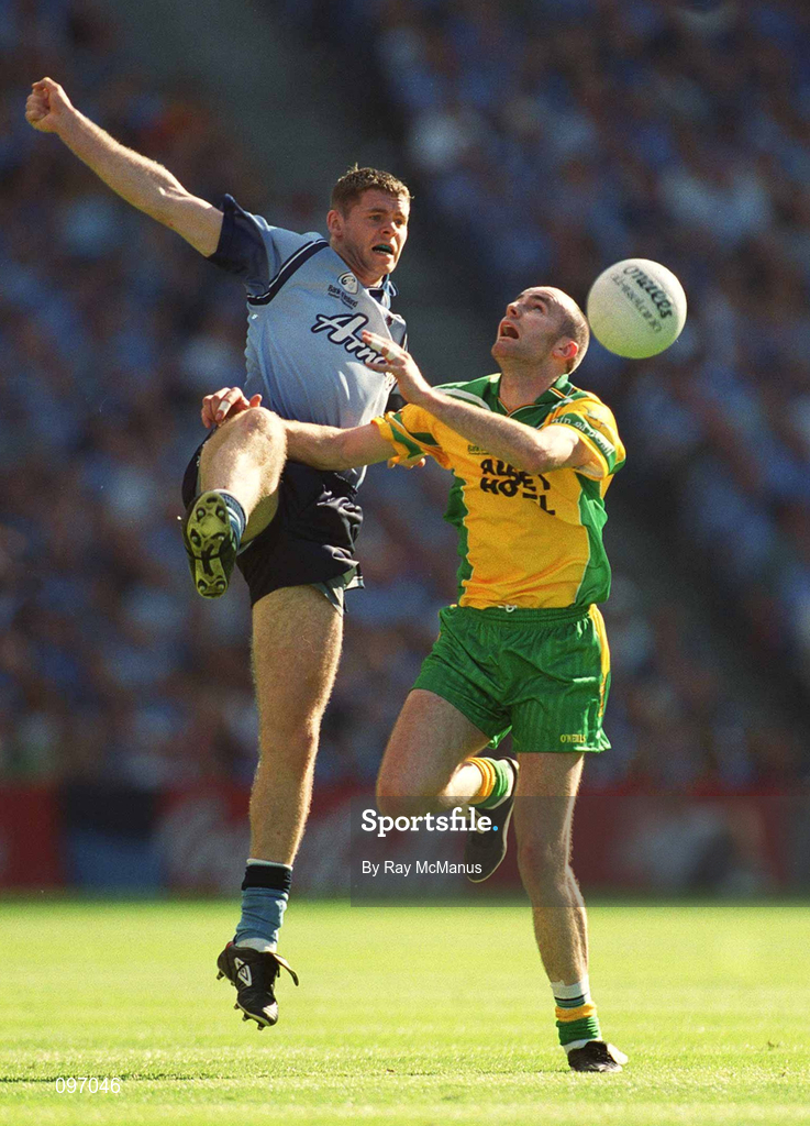 17 August 2002; Paul McGonigle of Donegal in action against Darren Magee of Dublin during the Bank of Ireland All-Ireland Senior Football Championship Quarter-Final Replay match between Dublin and Donegal at Croke Park in Dublin. Photo by Ray McManus/Sportsfile