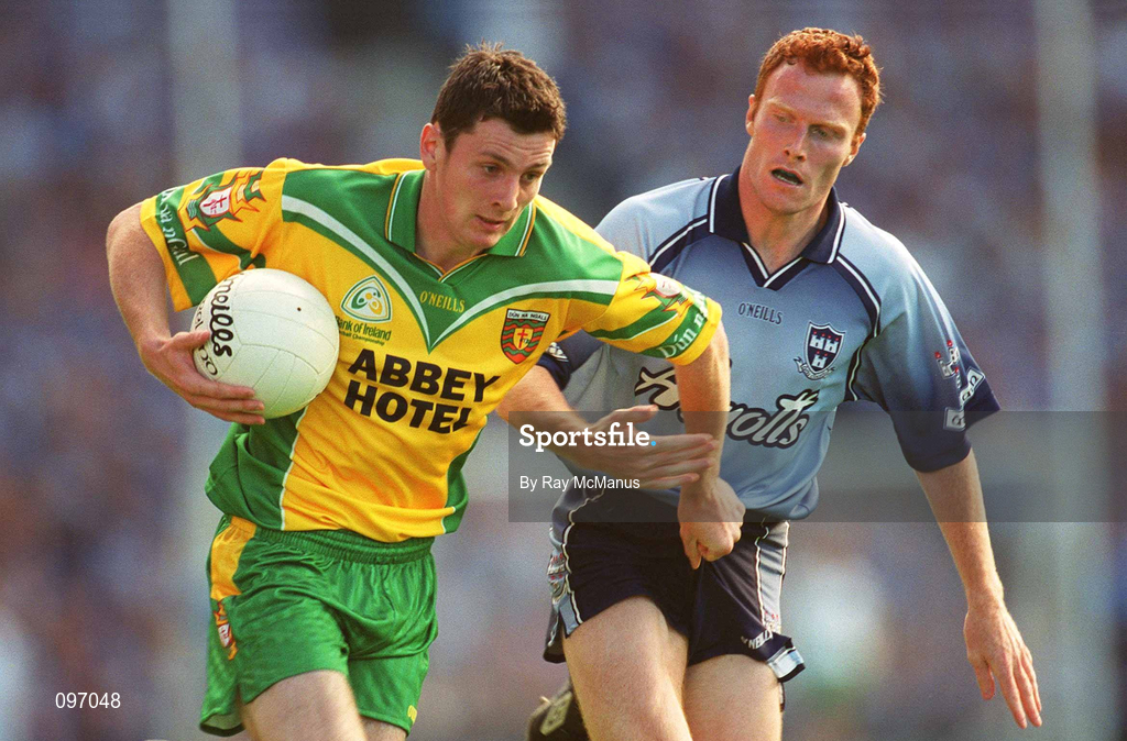 17 August 2002; Christy Toye of Donegal is tackled by Peadar Andrews of Dublin during the Bank of Ireland All-Ireland Senior Football Championship Quarter-Final Replay match between Dublin and Donegal at Croke Park in Dublin. Photo by Ray McManus/Sportsfile
