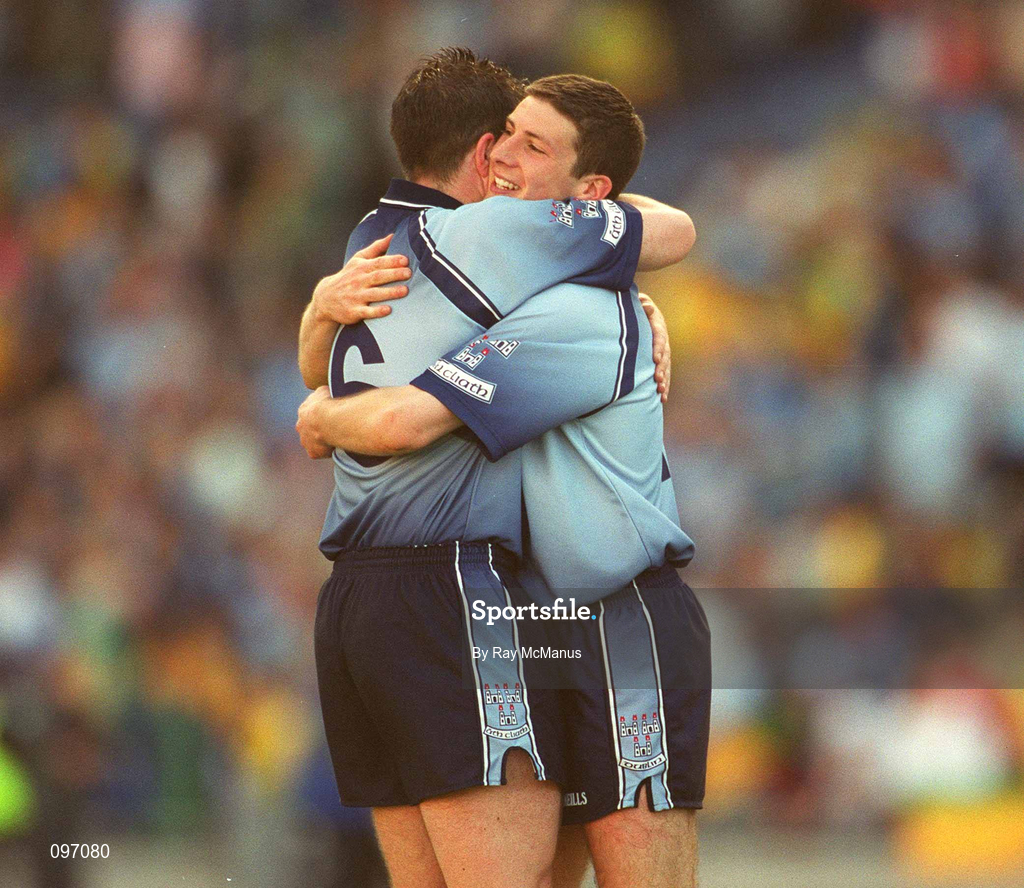 17 August 2002; Dublin players Colin Moran, right, and Jonathan Magee celebrate after the Bank of Ireland All-Ireland Senior Football Championship Quarter-Final Replay match between Dublin and Donegal at Croke Park in Dublin. Photo by Ray McManus/Sportsfile