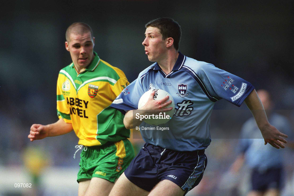 17 August 2002; Colin Moran of Dublin in action against Kevin Cassidy of Donegal during the Bank of Ireland All-Ireland Senior Football Championship Quarter-Final Replay match between Dublin and Donegal at Croke Park in Dublin. Photo by Damien Eagers/Sportsfile