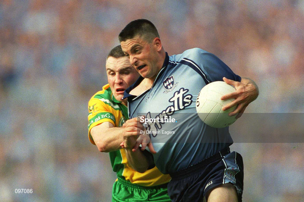 17 August 2002; Senan Connell of Dublin is tackled by John Gildea of Donegal during the Bank of Ireland All-Ireland Senior Football Championship Quarter-Final Replay match between Dublin and Donegal at Croke Park in Dublin. Photo by Damien Eagers/Sportsfile