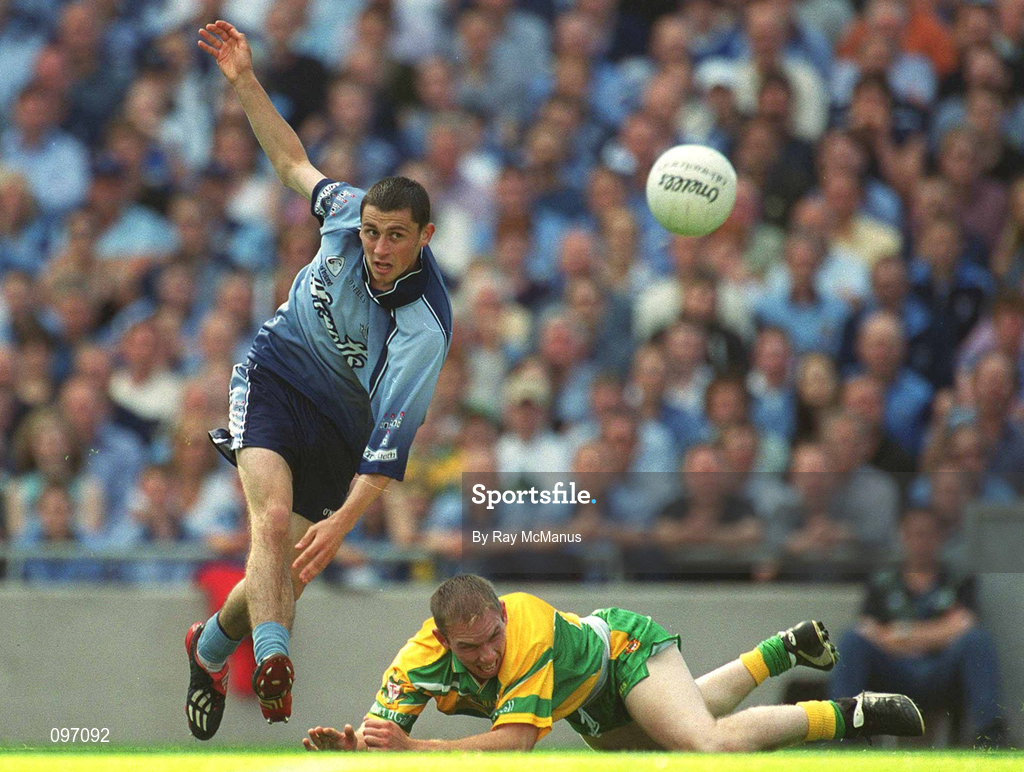 17 August 2002; Alan Brogan of Dublin in action against Noel McGinley of Donegal during the Bank of Ireland All-Ireland Senior Football Championship Quarter-Final Replay match between Dublin and Donegal at Croke Park in Dublin. Photo by Ray McManus/Sportsfile
