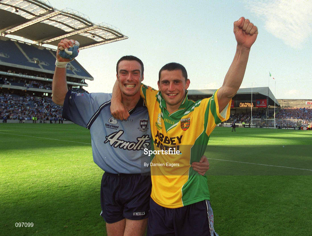 17 August 2002; Dublin Ray Cosgrove, left, and Alan Brogan celebrate after the Bank of Ireland All-Ireland Senior Football Championship Quarter-Final Replay match between Dublin and Donegal at Croke Park in Dublin. Photo by Damien Eagers/Sportsfile