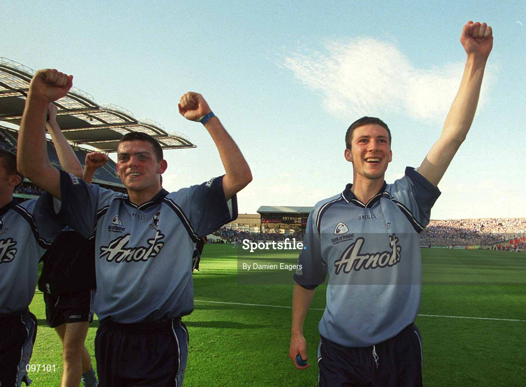 17 August 2002; Dublin players Paul Casey, left, and Colin Moran celebrate after the Bank of Ireland All-Ireland Senior Football Championship Quarter-Final Replay match between Dublin and Donegal at Croke Park in Dublin. Photo by Damien Eagers/Sportsfile
