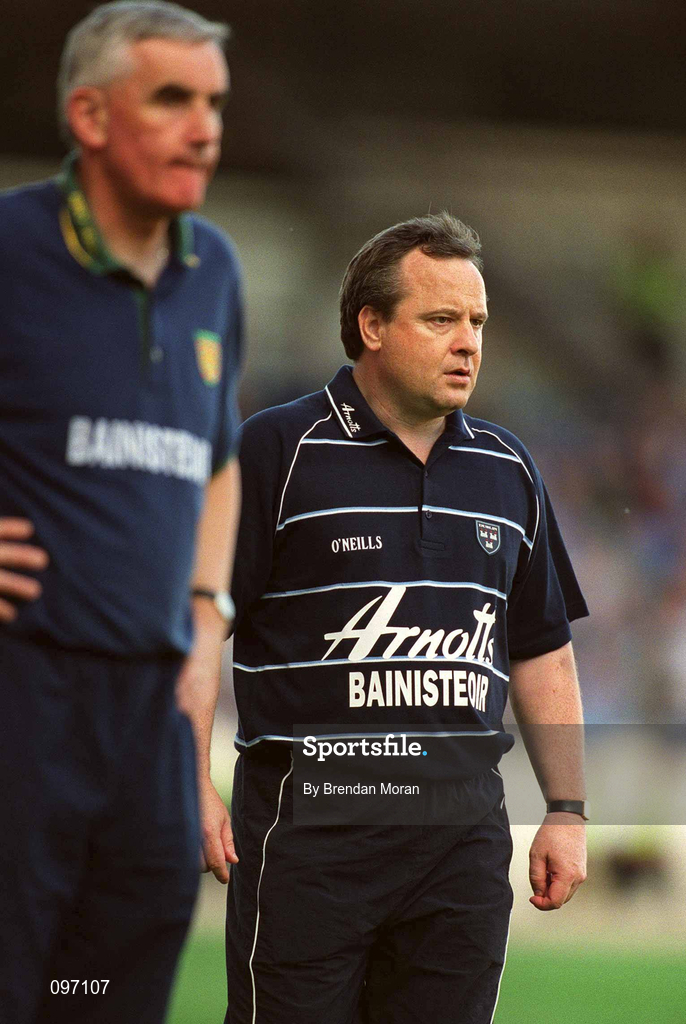 17 August 2002; Dublin manager Tommy Lyons, right, alongside Donegal manager Mickey Moran during the Bank of Ireland All-Ireland Senior Football Championship Quarter-Final Replay match between Dublin and Donegal at Croke Park in Dublin. Photo by Brendan Moran/Sportsfile
