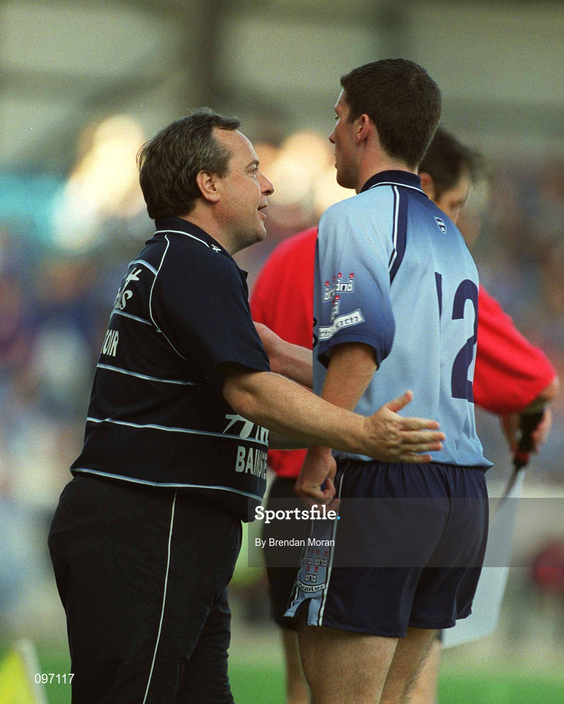 17 August 2002; Dublin manager Tommy Lyons with Colin Moran as Moran is substituted during the Bank of Ireland All-Ireland Senior Football Championship Quarter-Final Replay match between Dublin and Donegal at Croke Park in Dublin. Photo by Brendan Moran/Sportsfile