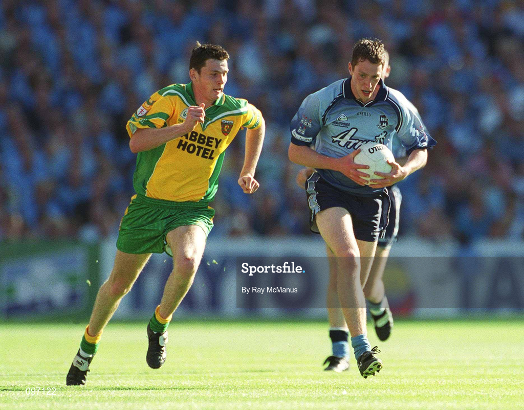 17 August 2002; Barry Cahill of Dublin in action against Christy Toye of Donegal during the Bank of Ireland All-Ireland Senior Football Championship Quarter-Final Replay match between Dublin and Donegal at Croke Park in Dublin. Photo by Ray McManus/Sportsfile