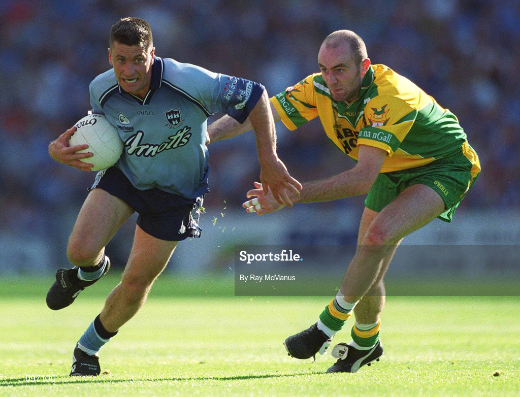 17 August 2002; Senan Connell of Dublin in action against Paul McGonigle of Donegal during the Bank of Ireland All-Ireland Senior Football Championship Quarter-Final Replay match between Dublin and Donegal at Croke Park in Dublin. Photo by Ray McManus/Sportsfile