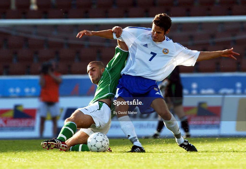 20 August 2002; Paul Tierney of Republic of Ireland in action against Hannu Haarala of Finland during the U21 International Friendly match between Finland and Republic of Ireland at Finnair Stadium in Helsinki, Finland. Photo by David Maher/Sportsfile