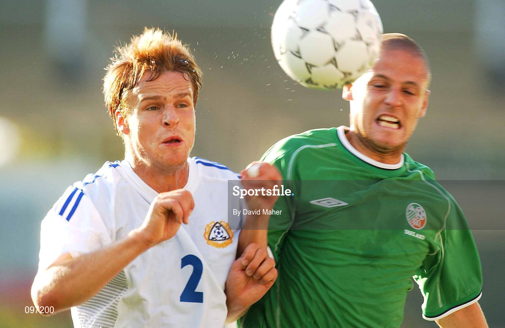 20 August 2002; Graham Barrett of Republic of Ireland in action against Heikki Pulkkinen of Iceland during the U21 International Friendly match between Finland and Republic of Ireland at Finnair Stadium in Helsinki, Finland. Photo by David Maher/Sportsfile