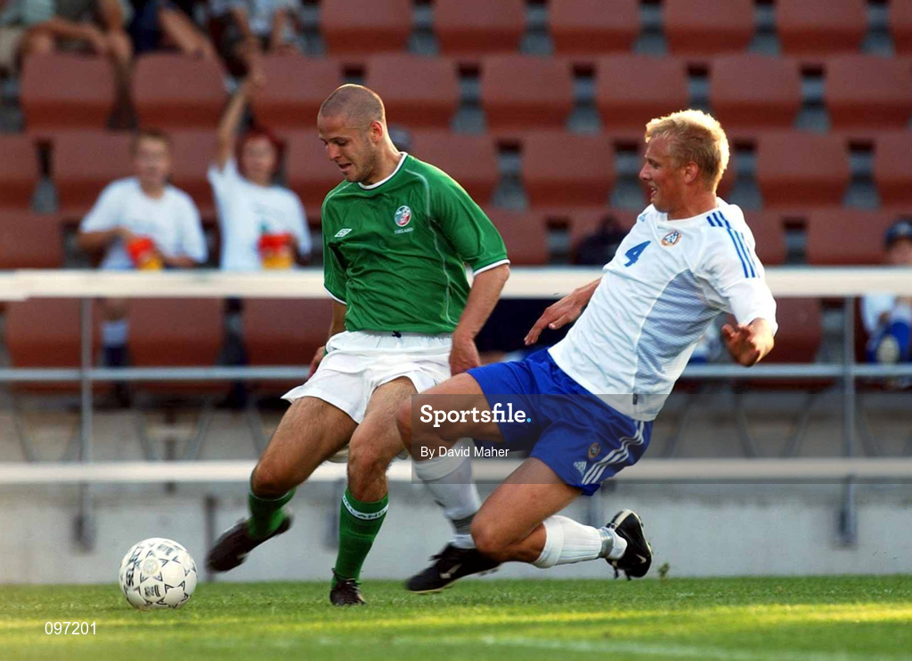20 August 2002; Graham Barrett of Republic of Ireland in action against Mathias Lindstrom of Finland during the U21 International Friendly match between Finland and Republic of Ireland at Finnair Stadium in Helsinki, Finland. Photo by David Maher/Sportsfile