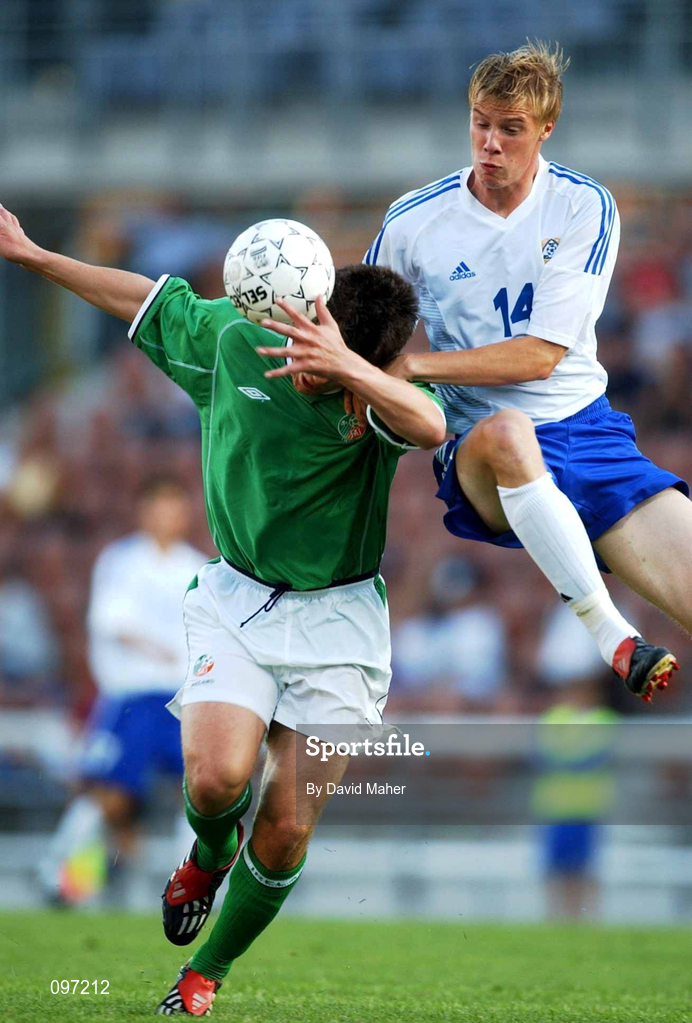 20 August 2002; Robert Doyle of Republic of Ireland in action against Jukka Sauso of Finland during the U21 International Friendly match between Finland and Republic of Ireland at Finnair Stadium in Helsinki, Finland. Photo by David Maher/Sportsfile