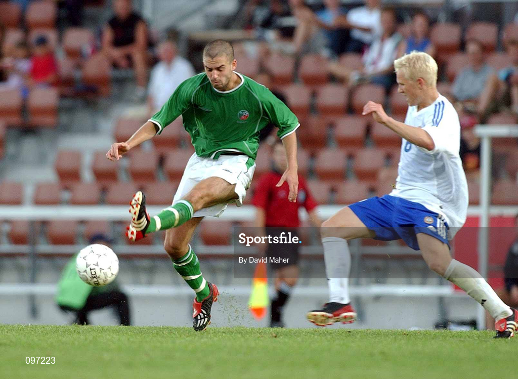20 August 2002; Paul Tierney of Republic of Ireland in action against Pekka Lagerblom of Finland during the U21 International Friendly match between Finland and Republic of Ireland at Finnair Stadium in Helsinki, Finland. Photo by David Maher/Sportsfile