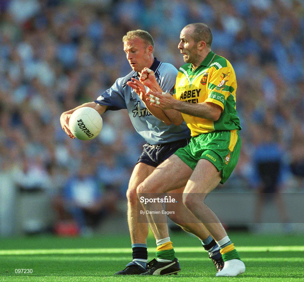 17 August 2002; Shane Ryan of Dublin in action against Paul McGonigle of Donegal during the Bank of Ireland All-Ireland Senior Football Championship Quarter-Final Replay match between Dublin and Donegal at Croke Park in Dublin. Photo by Damien Eagers/Sportsfile