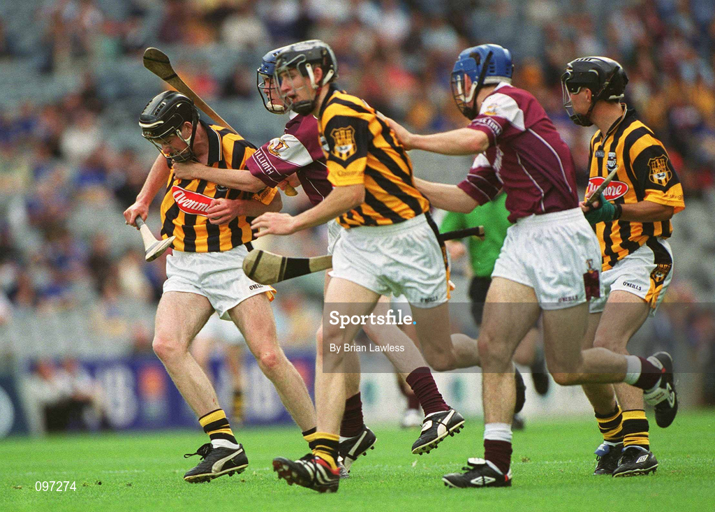 18 August 2002; Michael Rice of Kilkenny in action against David Collins of Galway during the All-Ireland Minor Hurling Championship Semi-Final match between Kilkenny and Galway at Croke Park in Dublin. Photo by Brian Lawless/Sportsfile