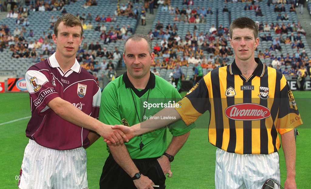 18 August 2002; Galway captain Joe Gantley shakes hands with Kilkenny captain Michael Rice, in the presence of referee John Sexton, prior to the All-Ireland Minor Hurling Championship Semi-Final match between Kilkenny and Galway at Croke Park in Dublin. Photo by Brian Lawless/Sportsfile