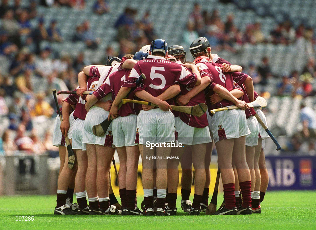 18 August 2002; The Galway minor team in a huddle before the All-Ireland Minor Hurling Championship Semi-Final match between Kilkenny and Galway at Croke Park in Dublin. Photo by Brian Lawless/Sportsfile