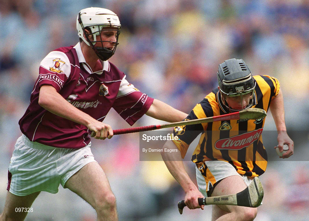 18 August 2002; David Prendergast of Kilkenny in action against Declan Garvey of Galway during the All-Ireland Minor Hurling Championship Semi-Final match between Kilkenny and Galway at Croke Park in Dublin. Photo by Damien Eagers/Sportsfile