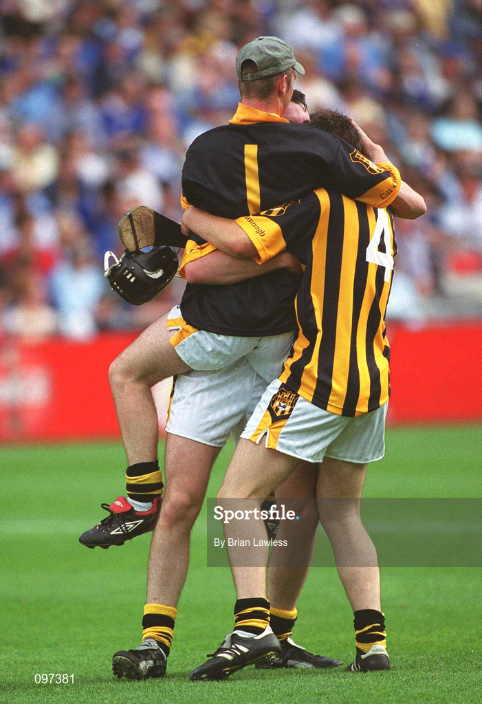 18 August 2002; Kilkenny goalkeeper Colm Grant celebrates with team-mates David Prendergast, 4, and PJ Delaney after the All-Ireland Minor Hurling Championship Semi-Final match between Kilkenny and Galway at Croke Park in Dublin. Photo by Brian Lawless/Sportsfile