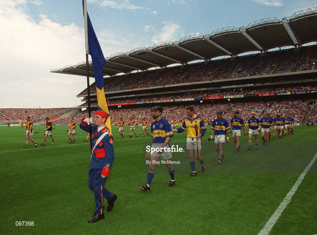18 August 2002; The Tipperary and Kilkenny teams pictured during pre-match parade prior to the Guinness All-Ireland Senior Hurling Championship Semi-Final match between Kilkenny and Tipperary at Croke Park in Dublin. Photo by Ray McManus/Sportsfile