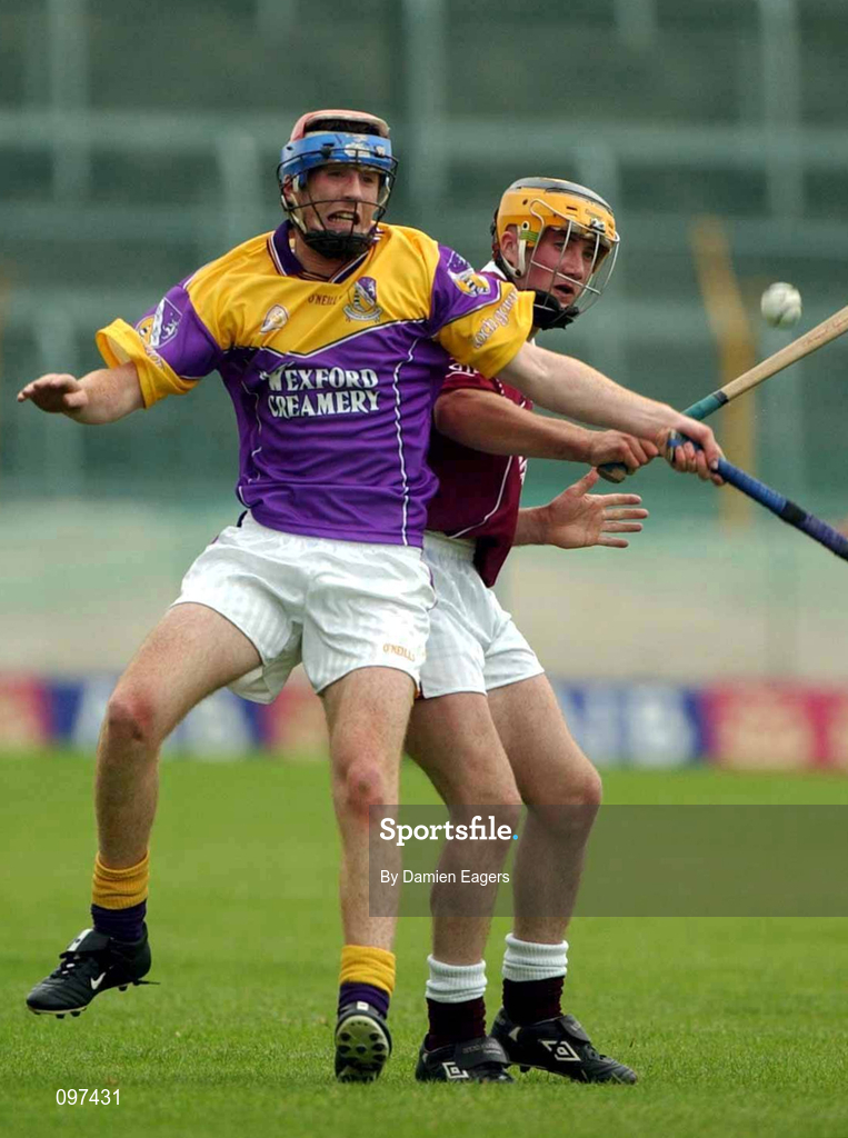 24 August 2002; Diarmuid Lyng of Wexford in action against Ger Farragher of Galway during the All-Ireland U21 Hurling Championship Semi-Final match between Galway and Wexford at Semple Stadium in Thurles, Tipperary. Photo by Damien Eagers/Sportsfile