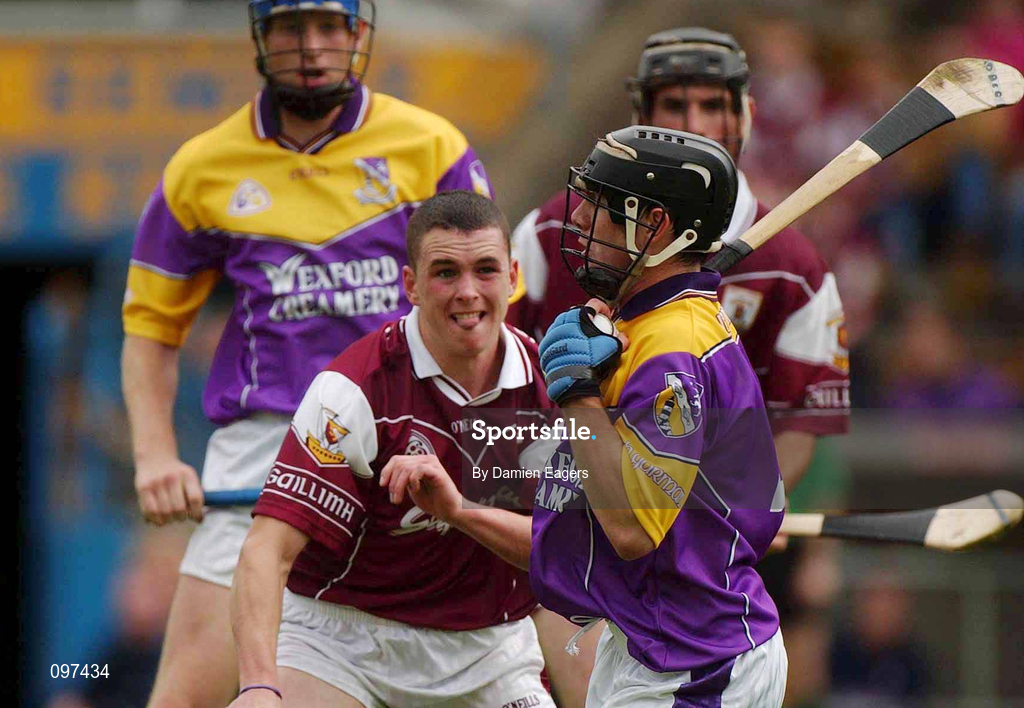 24 August 2002; John O'Connor of Wexford in action against Kevin Brady of Galway during the All-Ireland U21 Hurling Championship Semi-Final match between Galway and Wexford at Semple Stadium in Thurles, Tipperary. Photo by Damien Eagers/Sportsfile