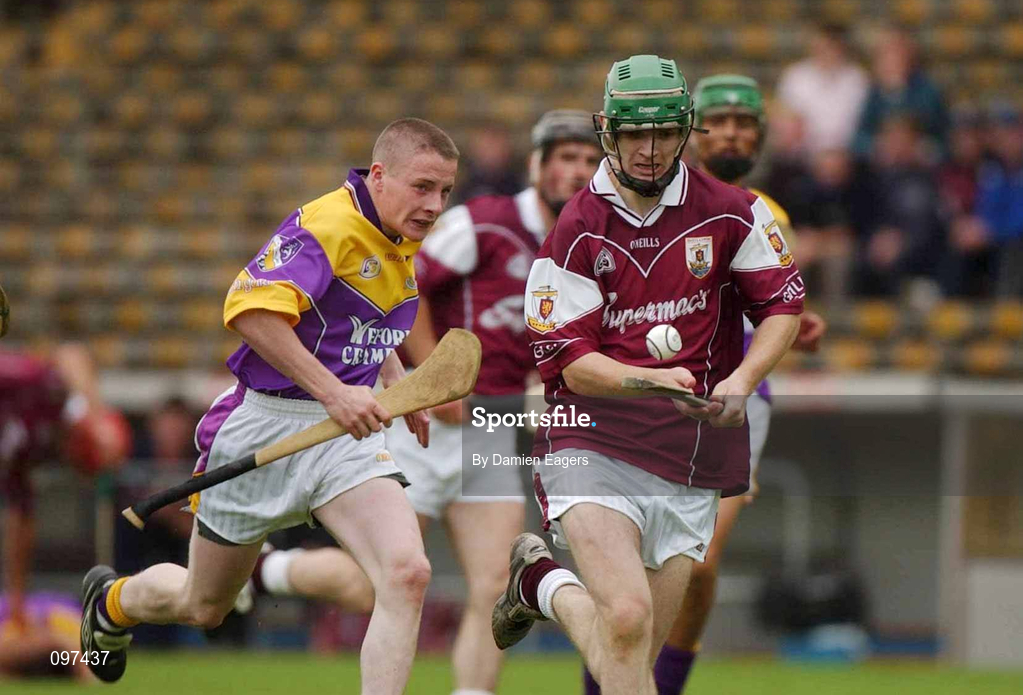 24 August 2002; Adrian Cullinane of Galway in action against Seán O'Neill of Wexford during the All-Ireland U21 Hurling Championship Semi-Final match between Galway and Wexford at Semple Stadium in Thurles, Tipperary. Photo by Damien Eagers/Sportsfile