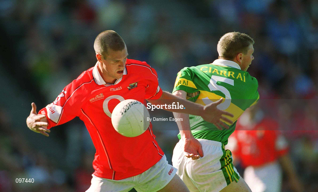 25 August 2002; Brendan Jer O'Sullivan of Cork in action against Tomás Ó Sé of Kerry during the Bank of Ireland All-Ireland Senior Football Championship Semi-Final match between Kerry and Cork at Croke Park in Dublin. Photo by Damien Eagers/Sportsfile