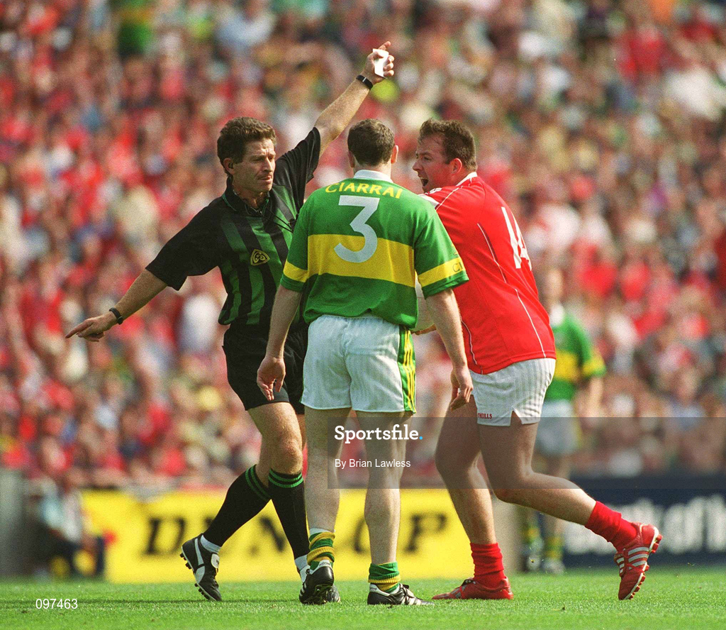 25 August 2002; Colin Corkery of Cork and Séamus Moynihan of Kerry in conversation with referee Brian White during the Bank of Ireland All-Ireland Senior Football Championship Semi-Final match between Kerry and Cork at Croke Park in Dublin. Photo by Brian Lawless/Sportsfile