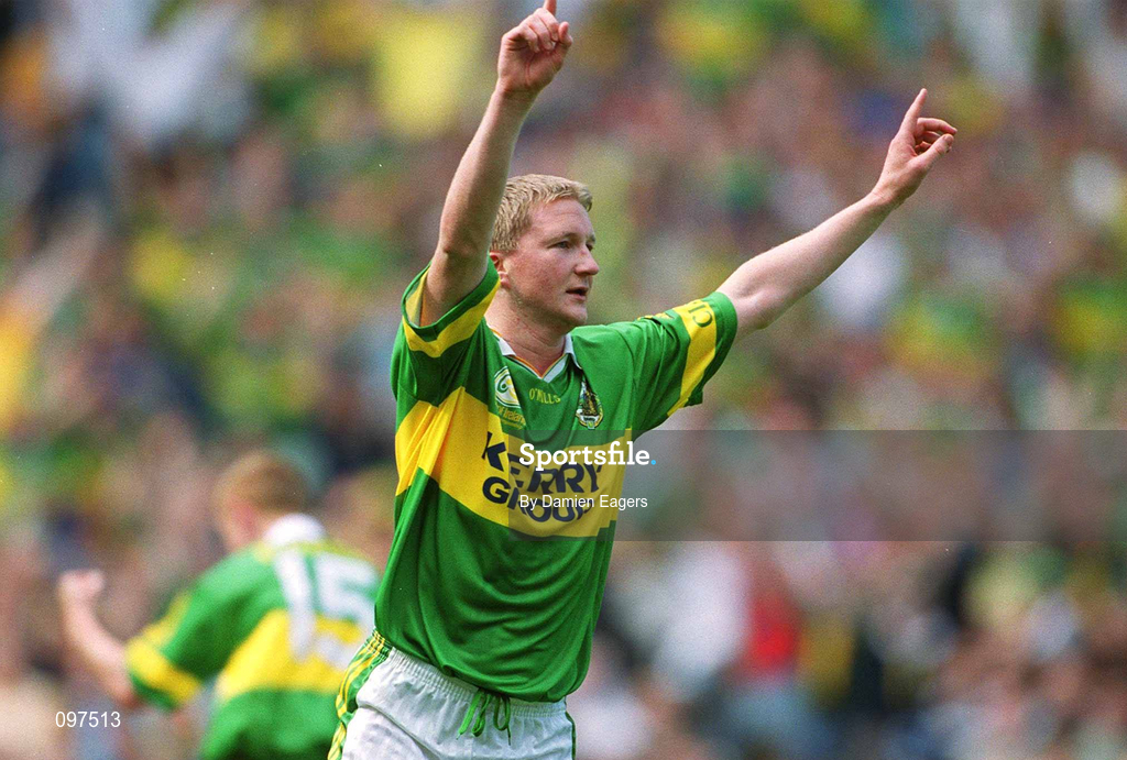 25 August 2002; Mike Francis Russell of Kerry celebrates scoring his side's first goal during the Bank of Ireland All-Ireland Senior Football Championship Semi-Final match between Kerry and Cork at Croke Park in Dublin. Photo by Damien Eagers/Sportsfile