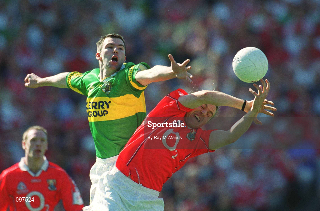 25 August 2002; Michael McCarthy of Kerry in action against Alan Cronin of Cork during the Bank of Ireland All-Ireland Senior Football Championship Semi-Final match between Kerry and Cork at Croke Park in Dublin. Photo by Ray McManus/Sportsfile