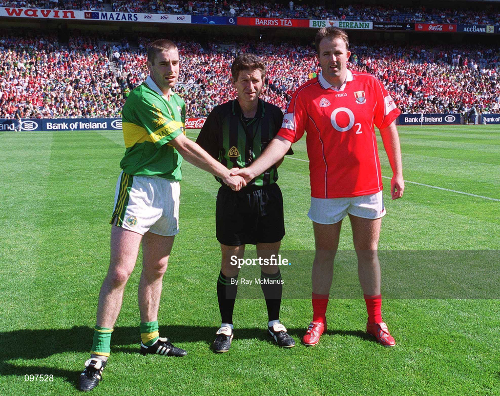 25 August 2002; Referee Brian White with team captains Darragh Ó Sé of Kerry and Colin Corkery of Cork prior to the Bank of Ireland All-Ireland Senior Football Championship Semi-Final match between Kerry and Cork at Croke Park in Dublin. Photo by Ray McManus/Sportsfile