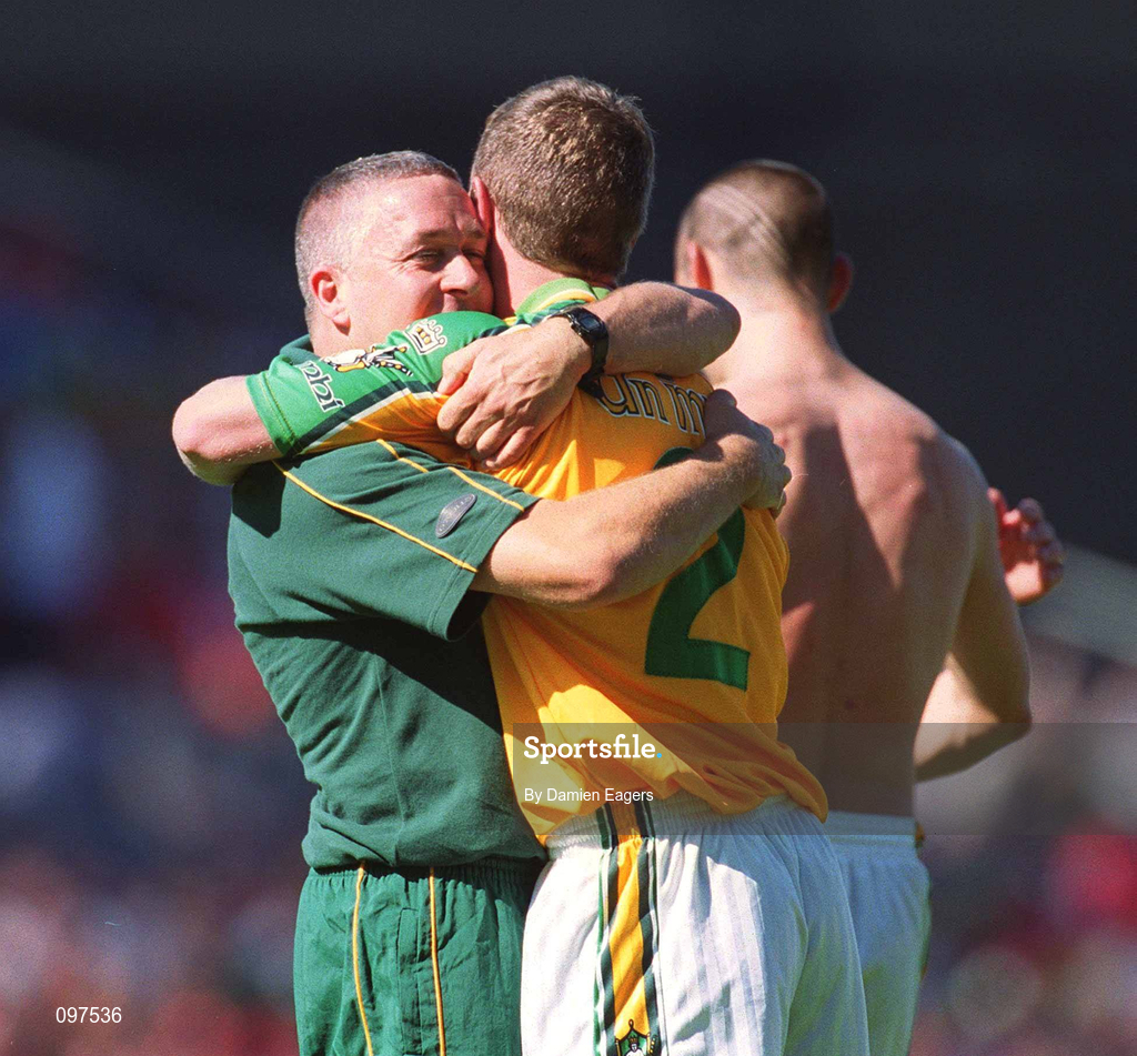 25 August 2002; Meath manager Benny Reddy celebrates with Brian O'Reilly after the All-Ireland Minor Football Championship Semi-Final match between Meath and Kerry at Croke Park in Dublin. Photo by Damien Eagers/Sportsfile
