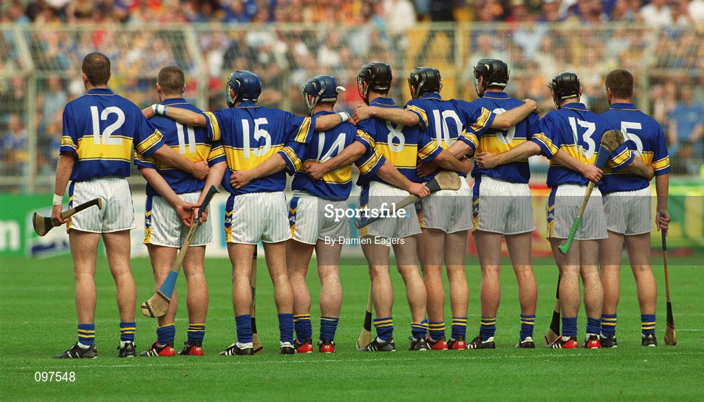 18 August 2002; Tipperary players stand for the National Anthem prior to the Guinness All-Ireland Senior Hurling Championship Semi-Final match between Kilkenny and Tipperary at Croke Park in Dublin. Photo by Damien Eagers/Sportsfile